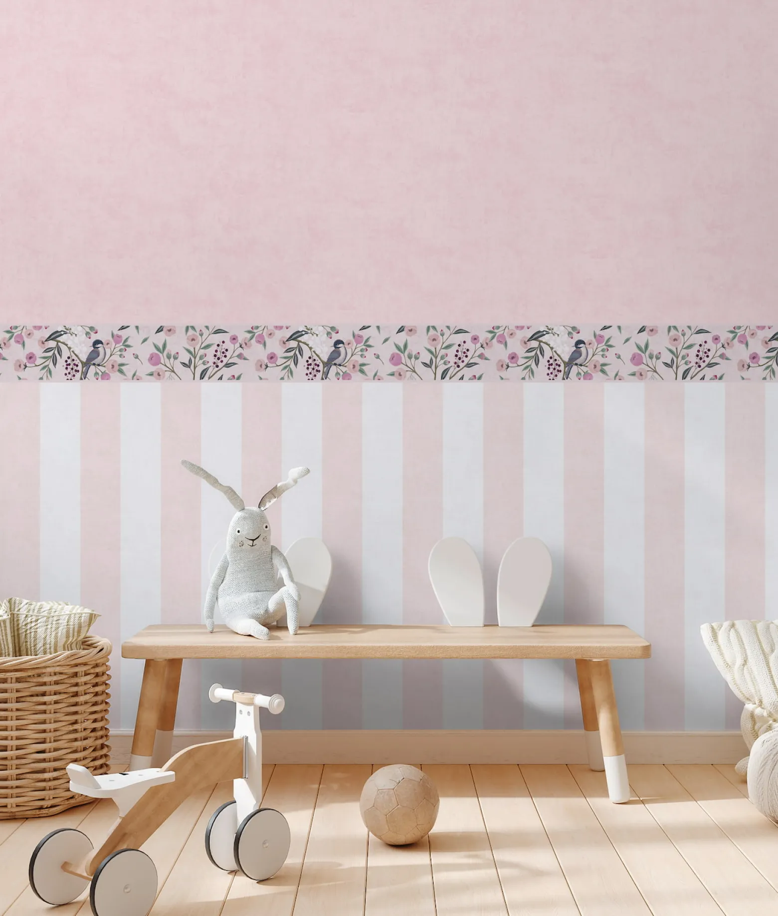 Bordüre Vlies Kinder Floral Vögel Zweige Rosa Grau 77137-1