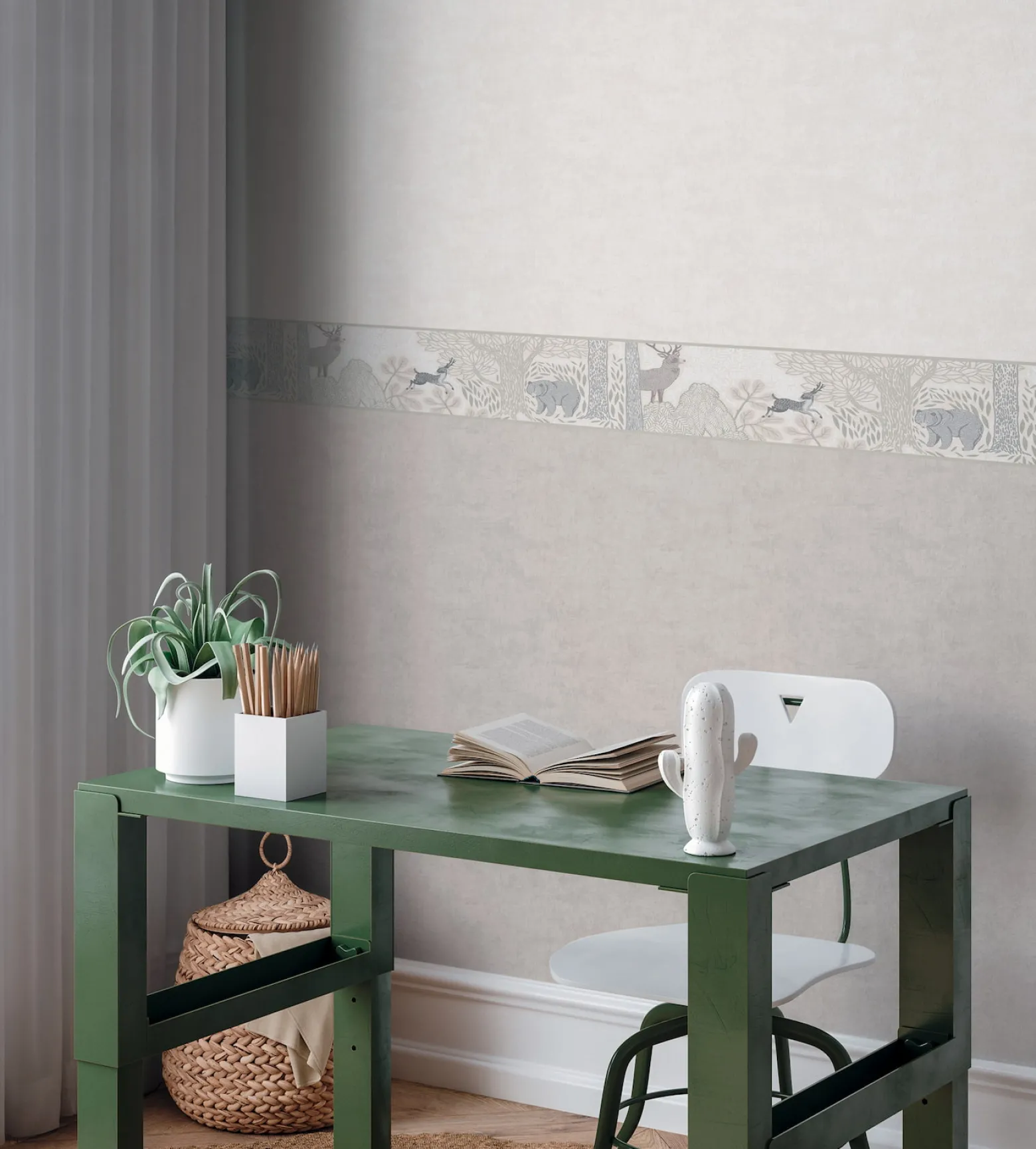 Bordüre Vlies Kinder Wald Tiere Pflanzen Creme Grau 77175-2