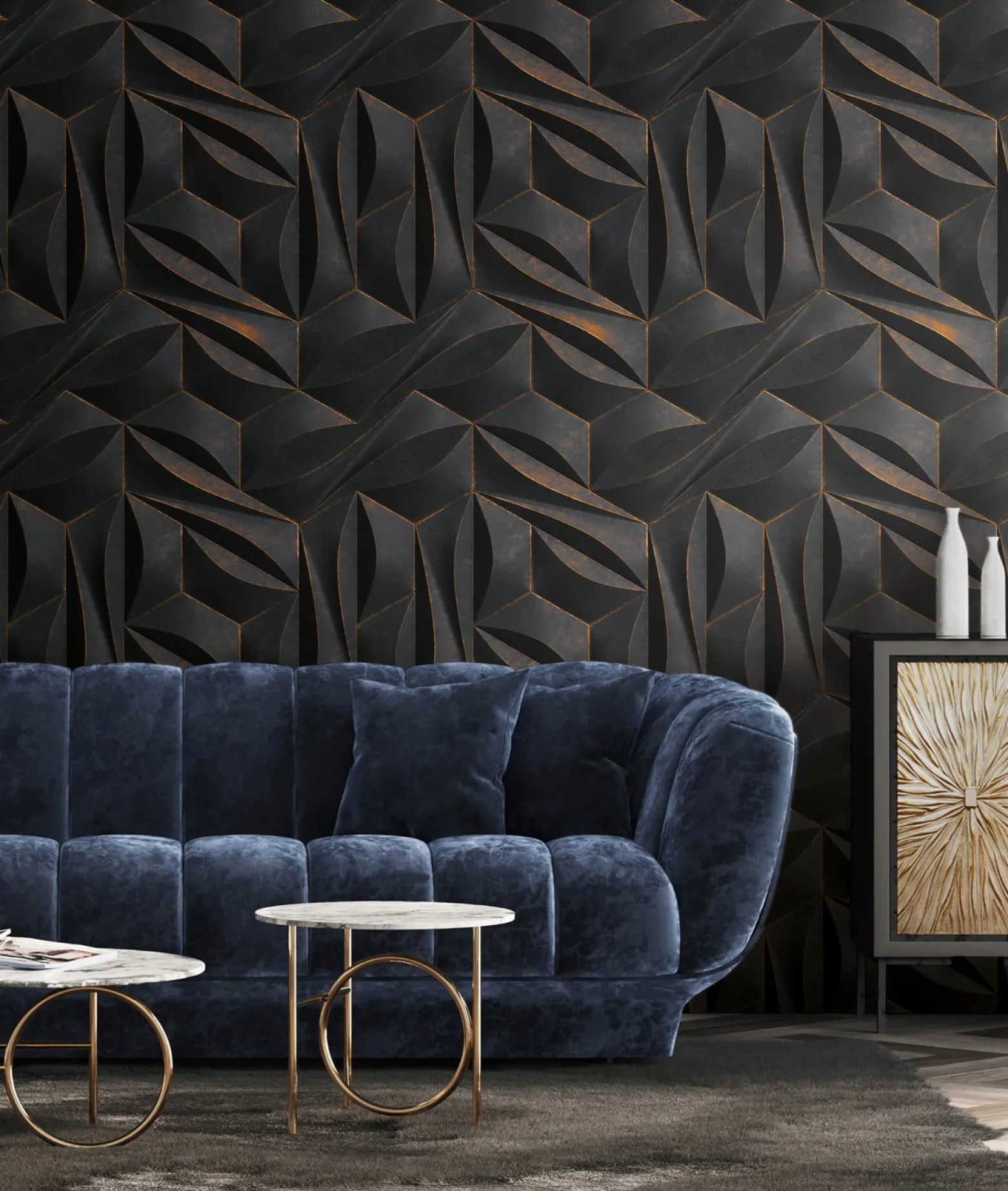 Digitaldruck 3D-Effekt Schwarz Gold Metallic 39179-1