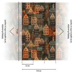 Digitaldruck Dorf Häuser Skandinavisch Blau Orange