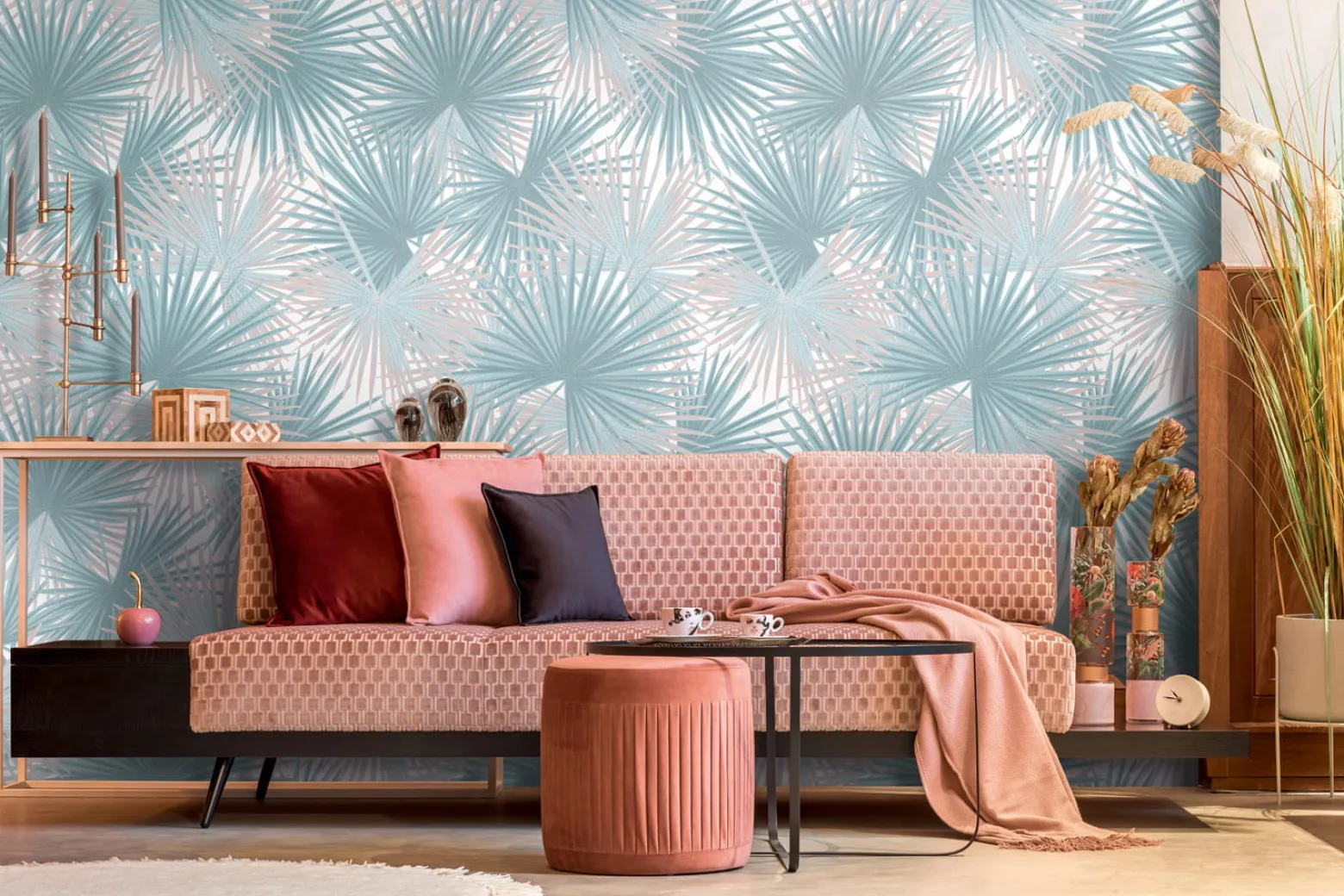 Digitaldruck Farne Tropen Dschungel Blau Rosa 39184-3