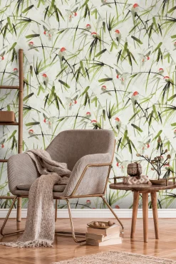 Digitaldruck Floral Vögel Bambus Beige Grün 39312-1