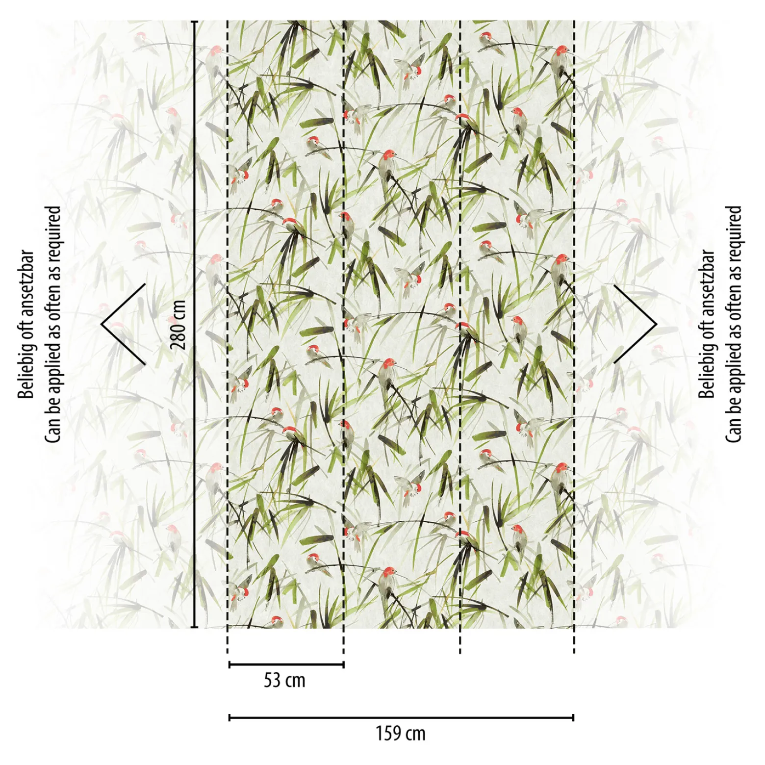 Digitaldruck Floral Vögel Bambus Beige Grün 39312-1