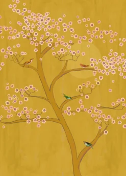 Digitaldruck Rasch Baum Vögel Blüten gelb rosa 542127