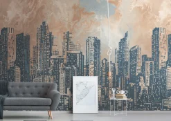 Digitaldruck Skyline Illustration Orange Grau 39333-1