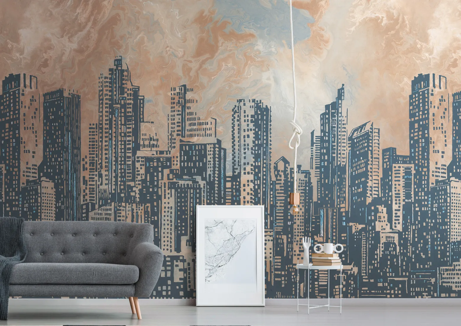 Digitaldruck Skyline Illustration Orange Grau 39333-1