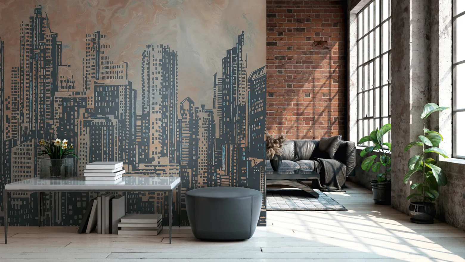 Digitaldruck Skyline Illustration Orange Grau 39333-1