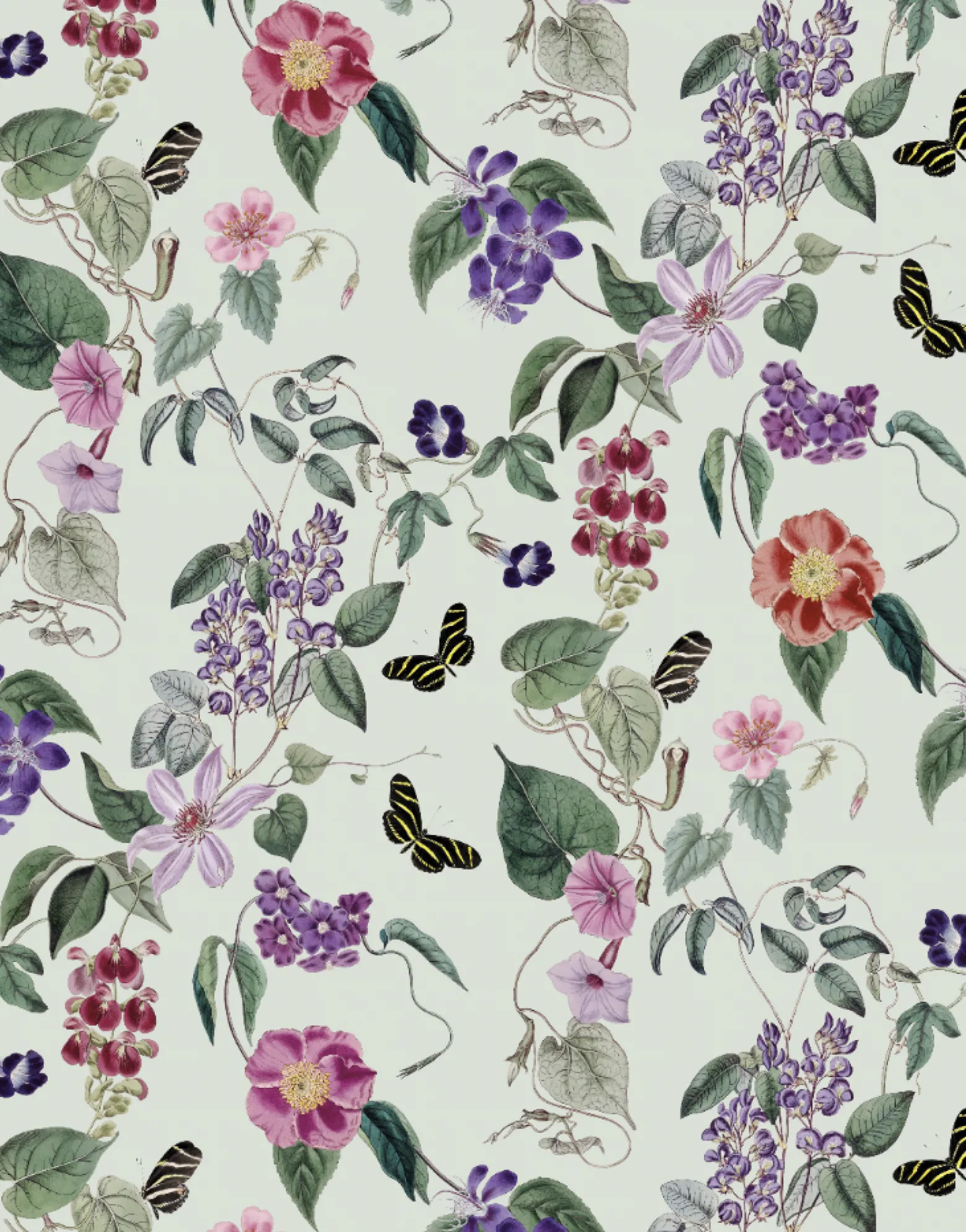 Digitaldruck Vlies Floral Blumen Hellgrün Lila 33112