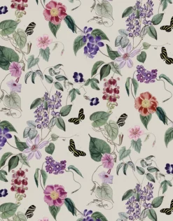 Digitaldruck Vlies Floral Blumen Beige Lila Rot 33111