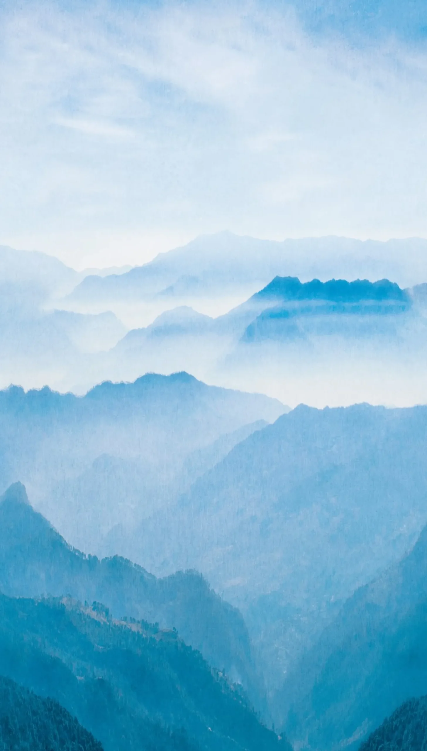 Fototapete Berge Nebel Blau Weiß Petrol ML1101