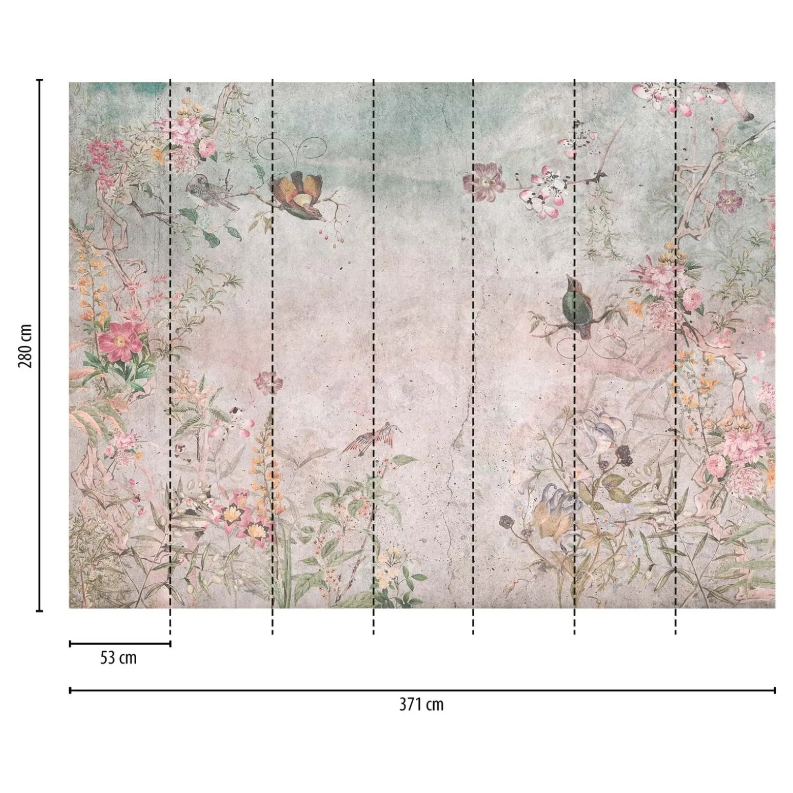 Fototapete Blumen Vögel Betonoptik Grau Bunt 39920-1