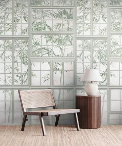 Fototapete Fenster Bambus Floral Creme Grün 39846-1