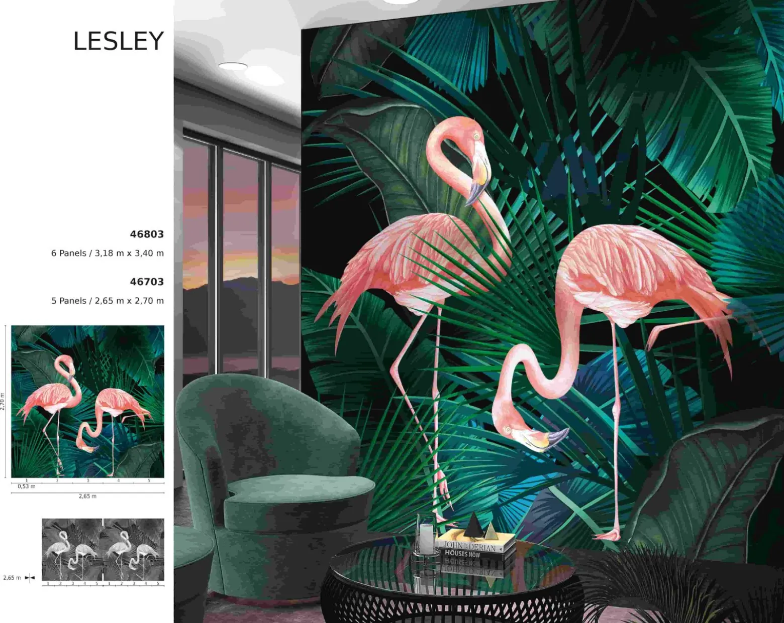 Fototapete Flamingos Blätter Floral grün rosa Marburg