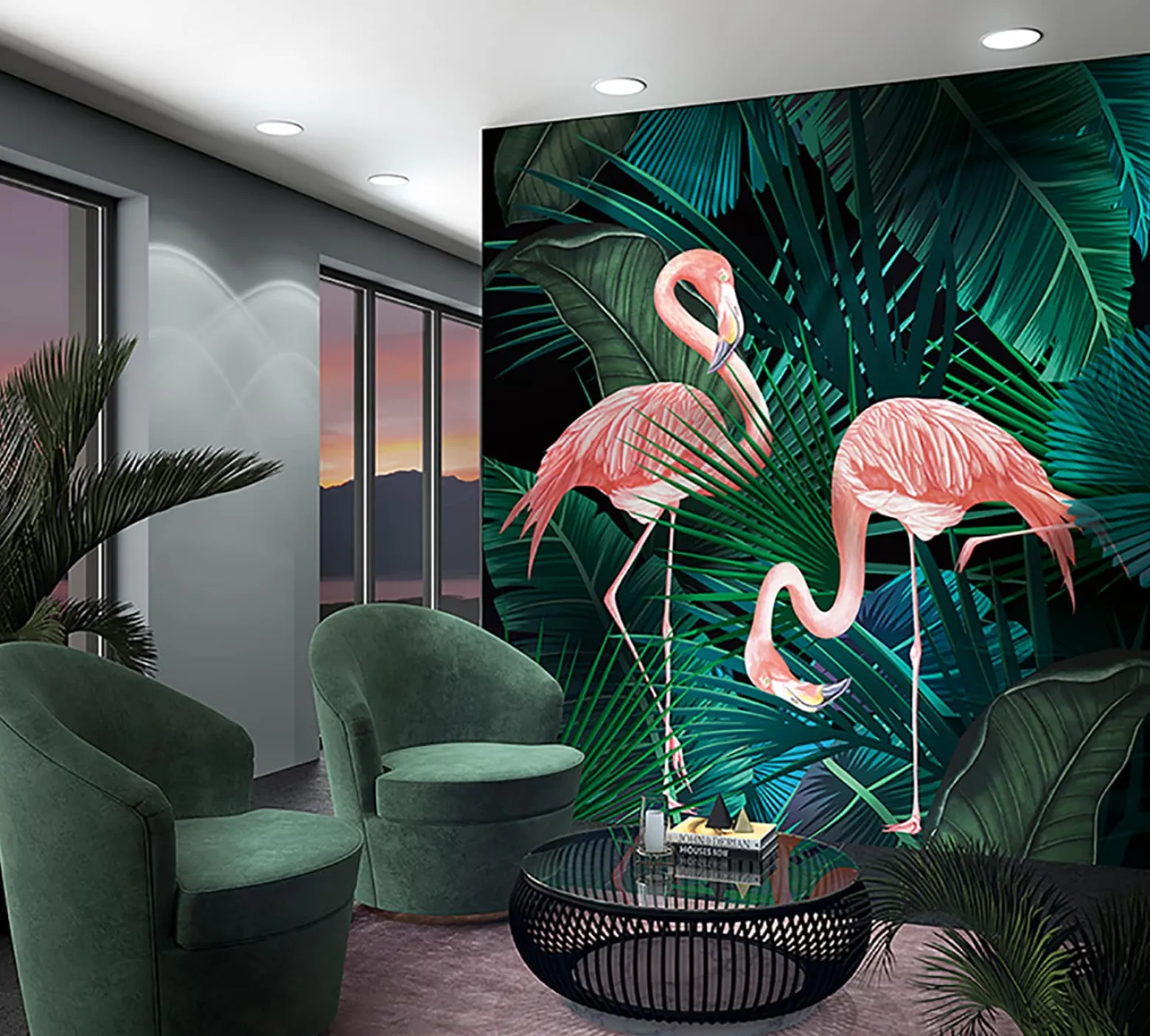 Fototapete Flamingos Blätter Floral grün rosa Marburg