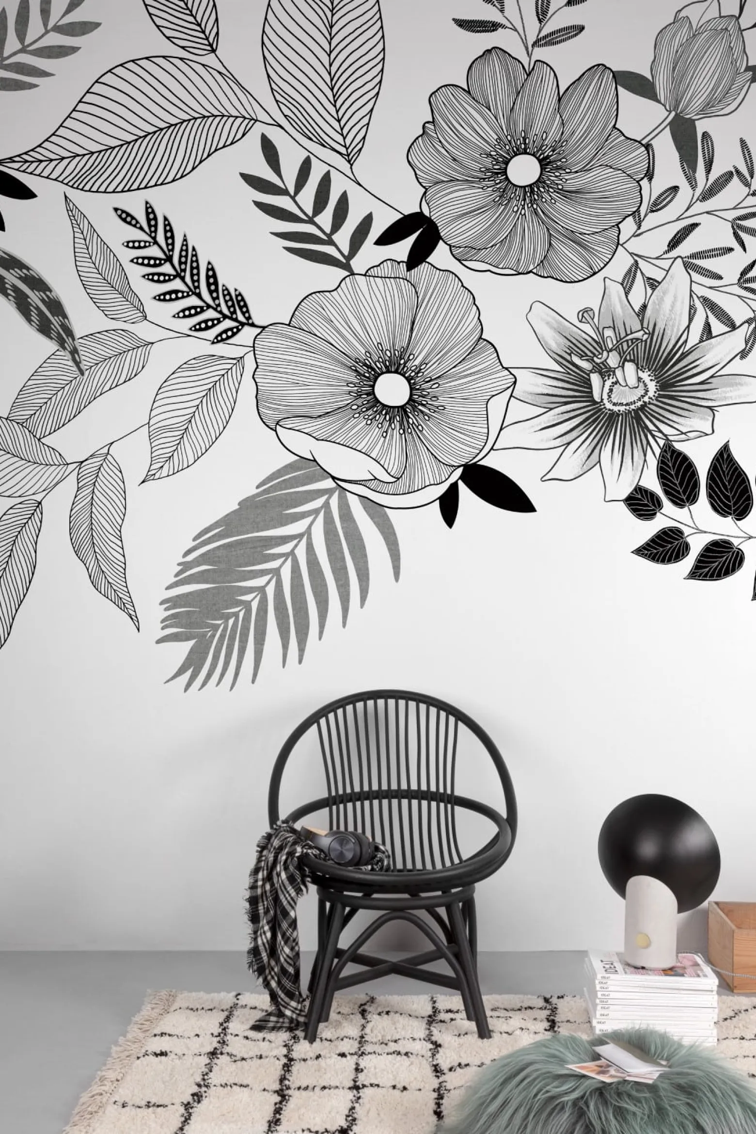 Fototapete Floral Blätter Weiß Schwarz ML6701