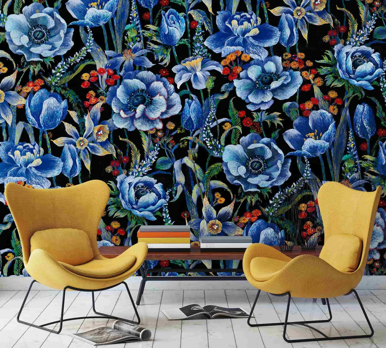 Fototapete Floral Blumen Blüten schwarz blau Marburg