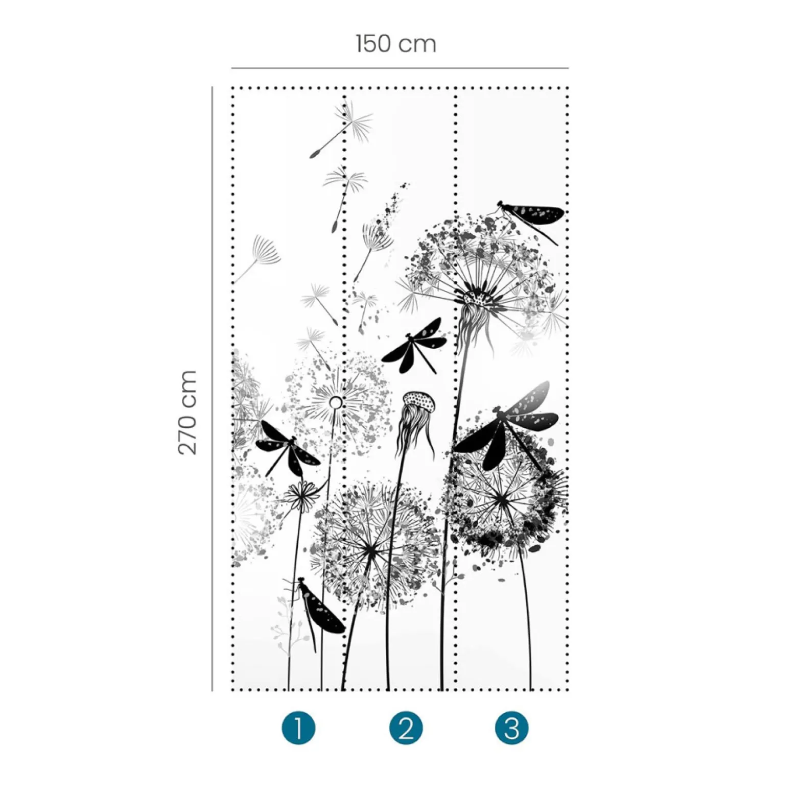 Fototapete Floral Blumen Libellen Weiß Schwarz 2520N-81