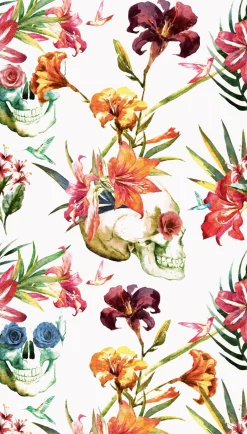 Fototapete Floral Totenkopf Weiß Grün Rot ML2701
