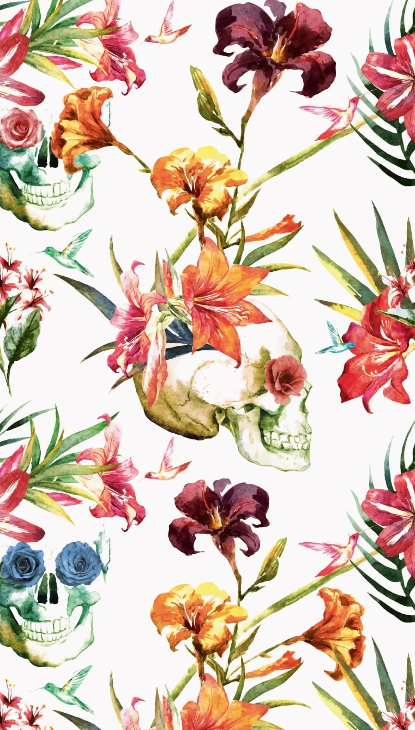 Fototapete Floral Totenkopf Weiß Grün Rot ML2701