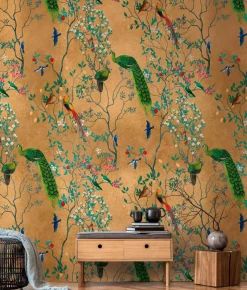 Fototapete Floral Vögel Blumen Braun Bunt 39882-1