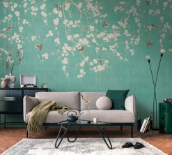 Fototapete Floral Vögel Textiloptik Blau Creme 39921-1