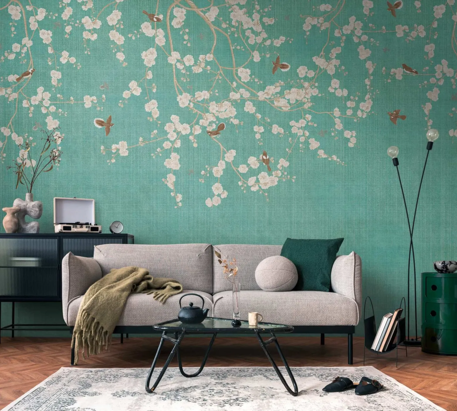 Fototapete Floral Vögel Textiloptik Blau Creme 39921-1