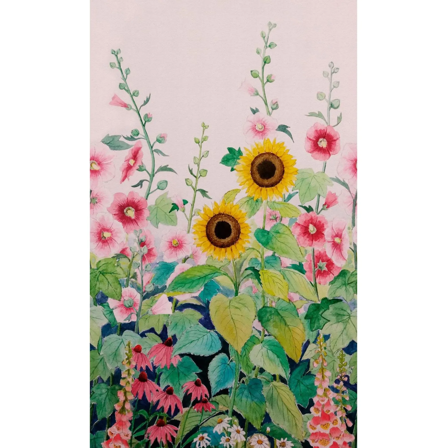 Fototapete Floral Wiese Aquarell Rosa Grün Gelb 39883-1