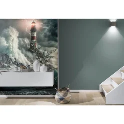 Fototapete Leuchtturm Meer Sturm Blau Grau 2526N-81