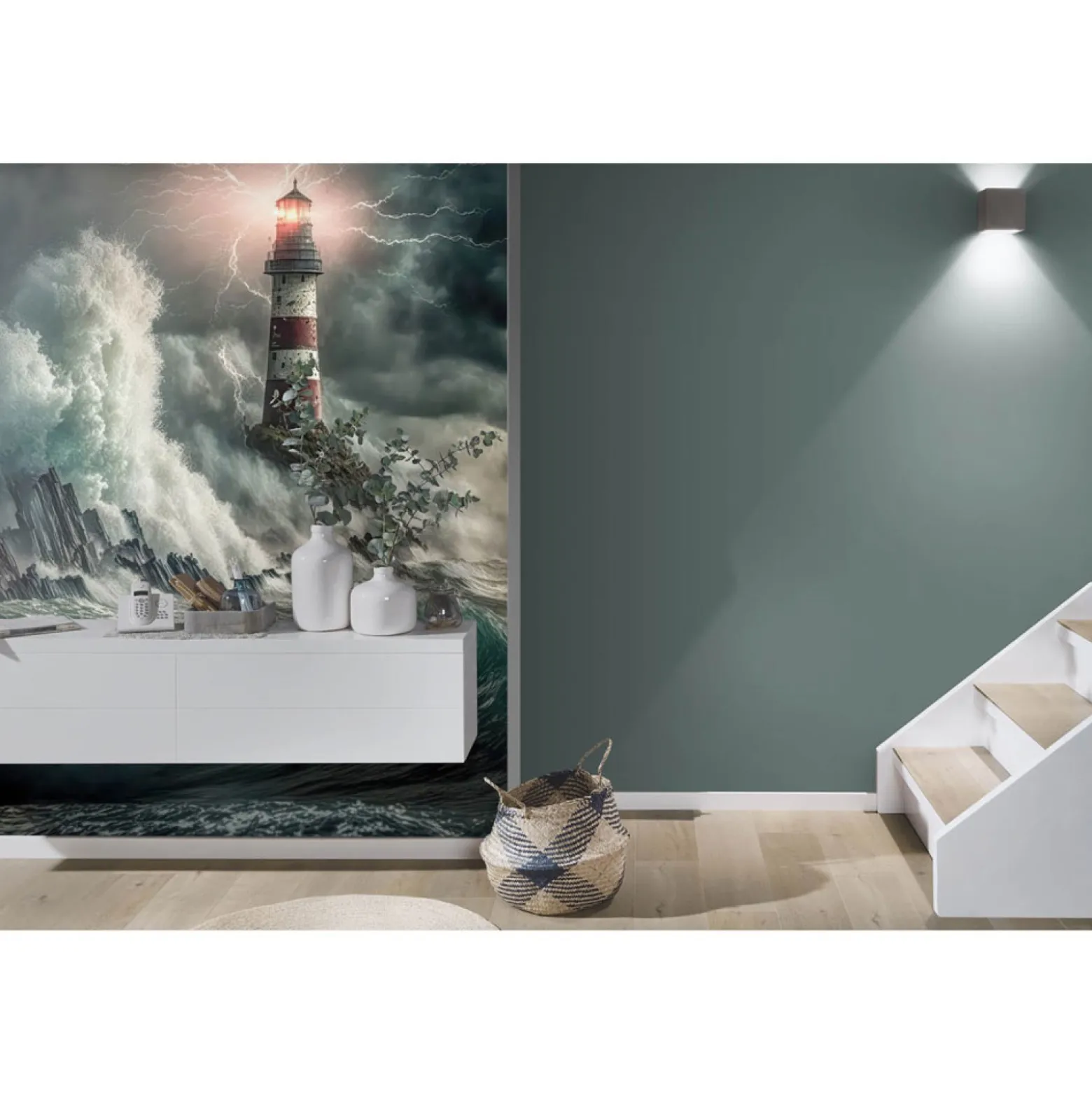Fototapete Leuchtturm Meer Sturm Blau Grau 2526N-81