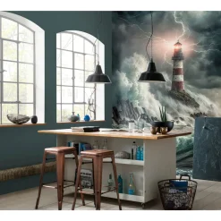 Fototapete Leuchtturm Meer Sturm Blau Grau 2526N-81