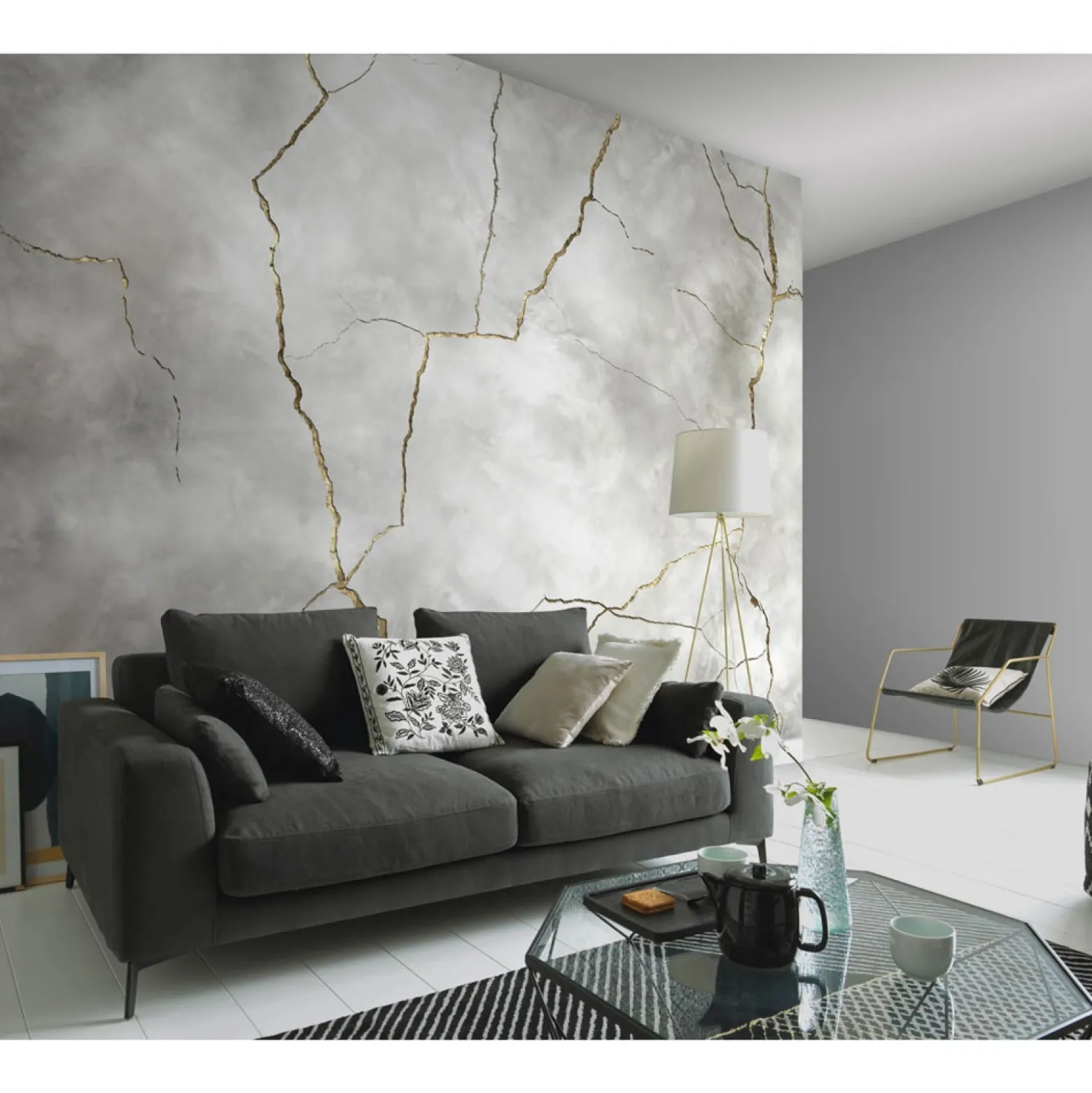 Fototapete Marmor Optik Risse Grau Gold 2253-10