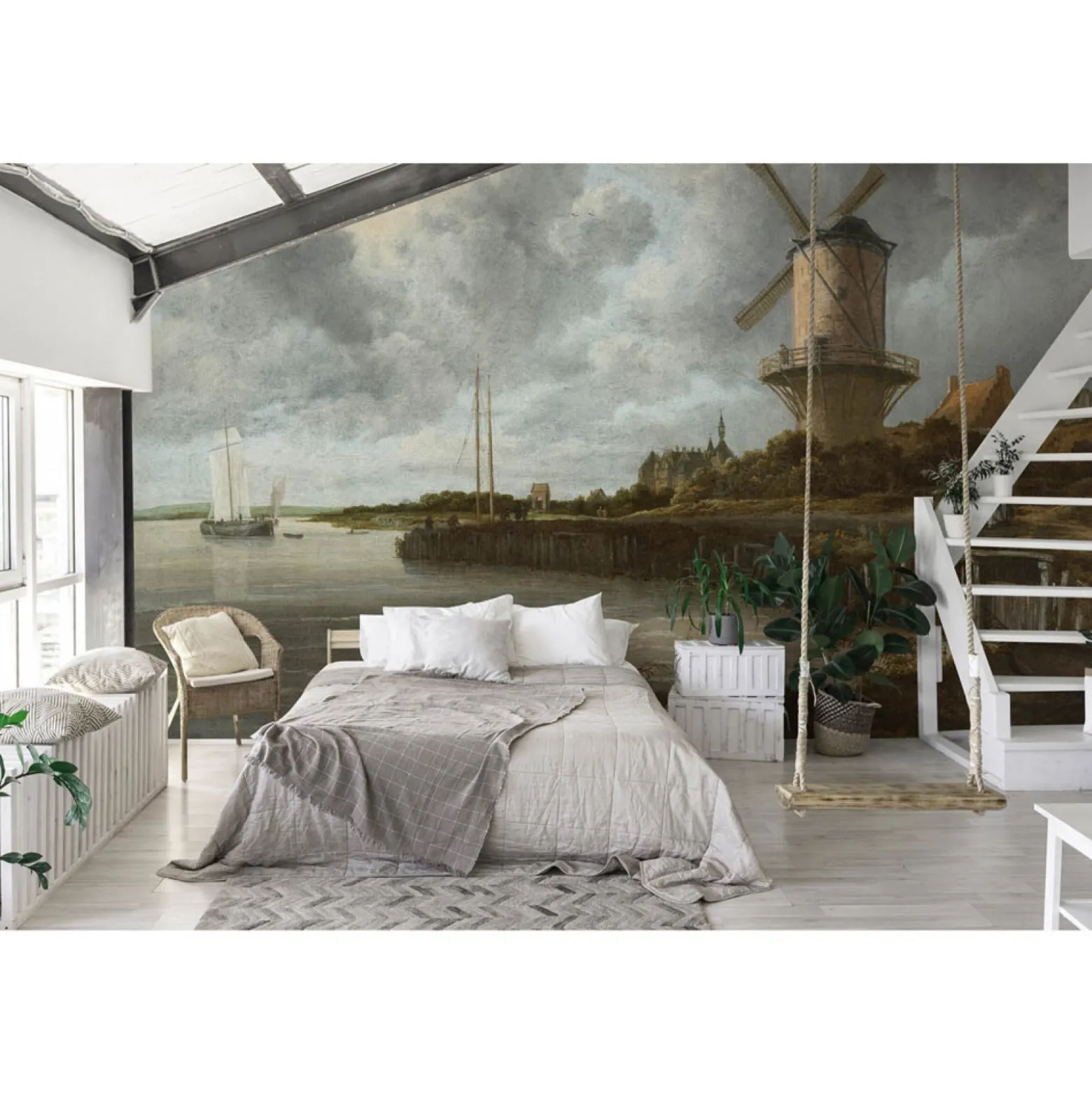 Fototapete Strand Schiff Windmühle Grau Braun 2504V-11
