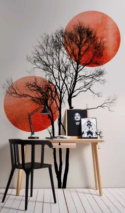 Fototapete Vlies Baum Mond Natur rot schwarz