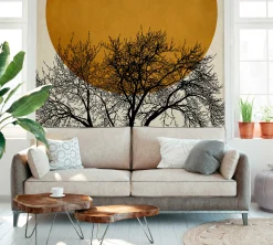 Fototapete Vlies Baum Natur Mond orange schwarz