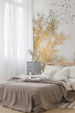 Fototapete Vlies Baum Vögel Natur gold weiß