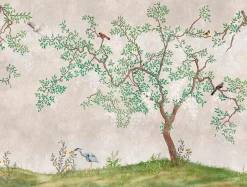 Fototapete Vlies Baum Vogel Floral grau grün 38233-1