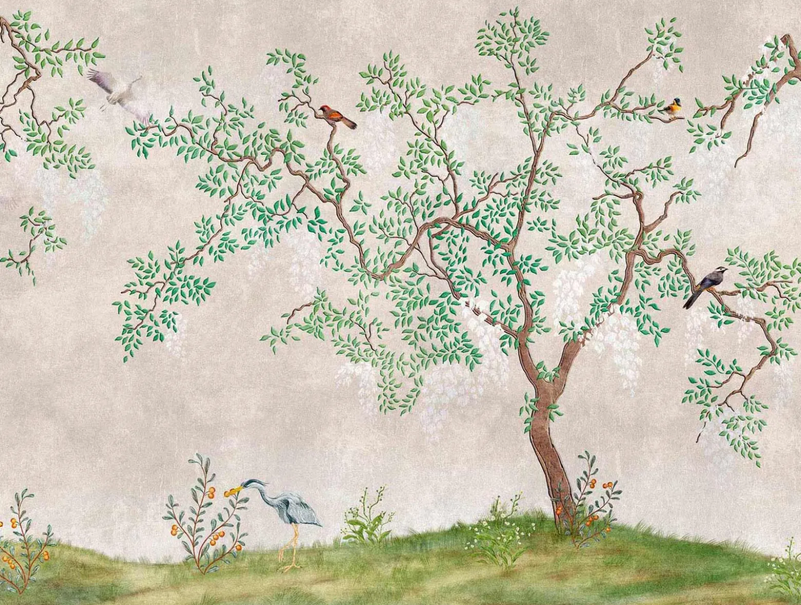 Fototapete Vlies Baum Vogel Floral grau grün 38233-1