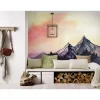 Fototapete Vlies Berge Gemalt Landschaft grau rot gelb