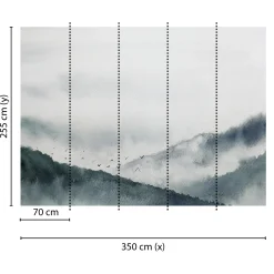 Fototapete Vlies Berge Nebel Vögel grau blau schwarz