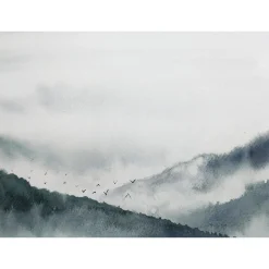Fototapete Vlies Berge Nebel Vögel grau blau schwarz
