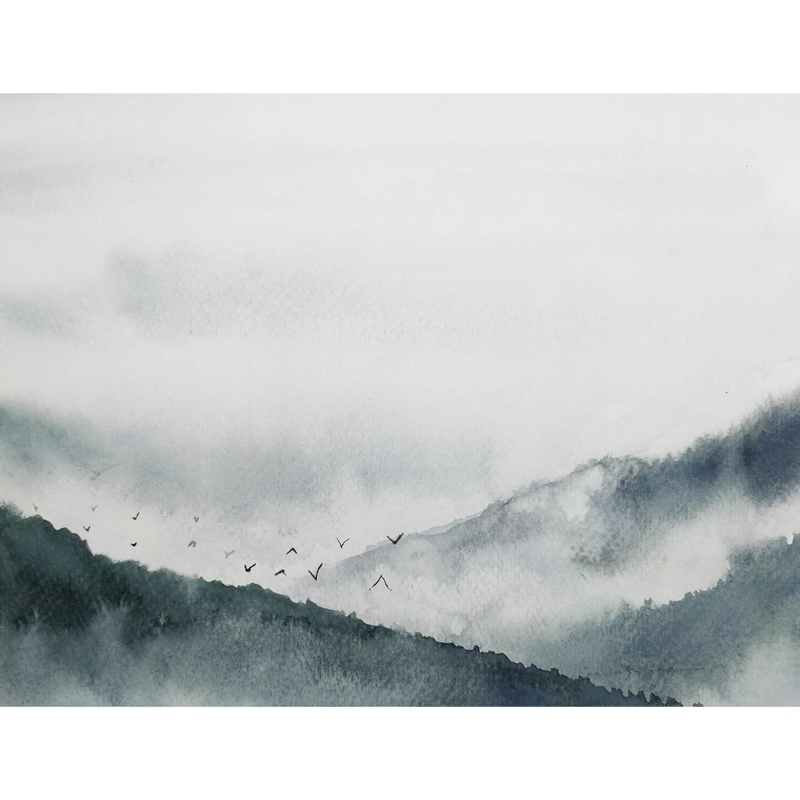 Fototapete Vlies Berge Nebel Vögel grau blau schwarz
