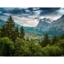 Fototapete Vlies Berg Tal Bäume grün blau grau