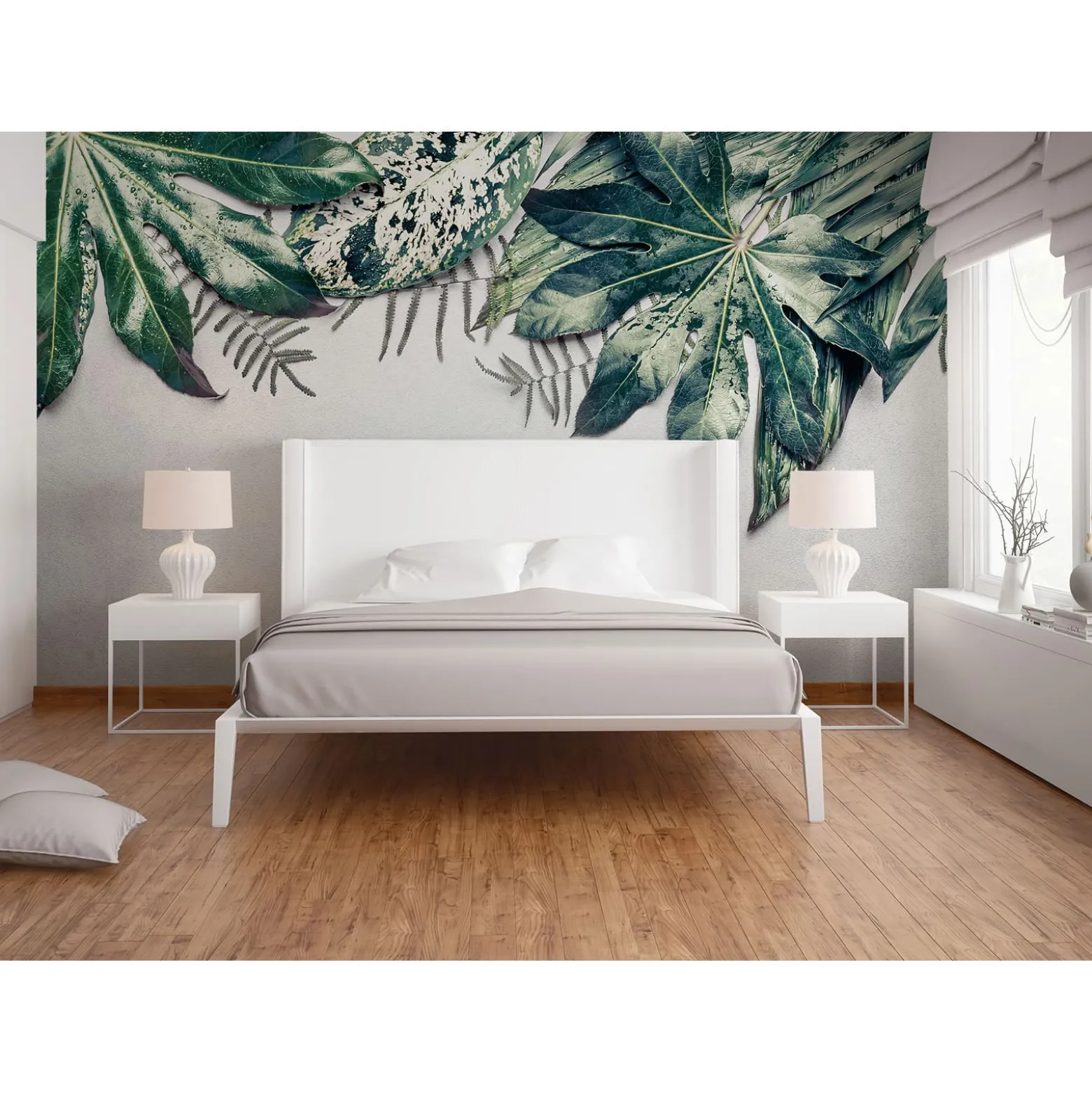 Fototapete Vlies Blätter Beton grün grau Designwalls