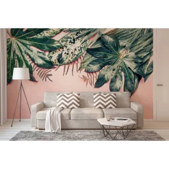 Fototapete Vlies Blätter Beton grün rosa Designwalls