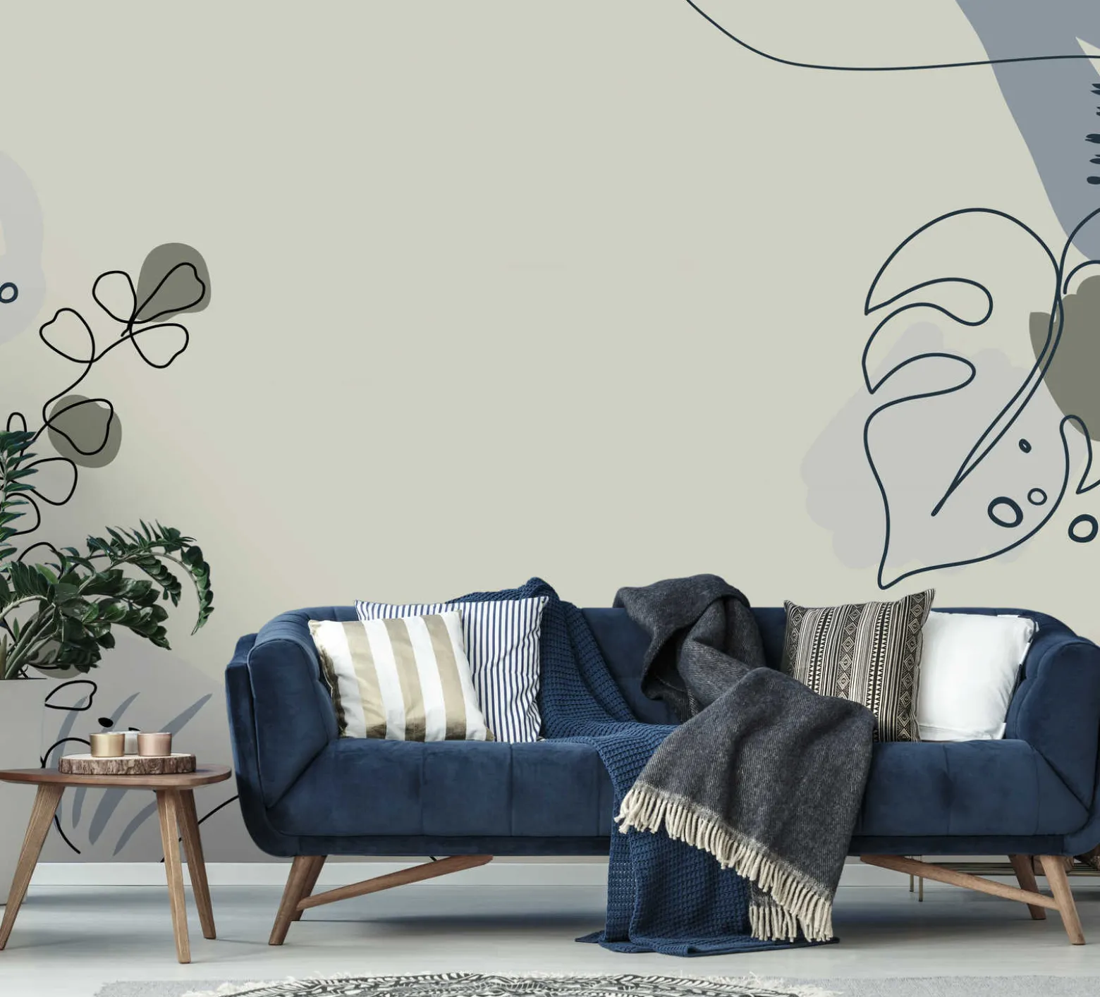 Fototapete Vlies Blätter gemalt beige blau grau