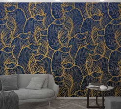 Fototapete Vlies Blätter Grafisch Floral blau gelb 47242