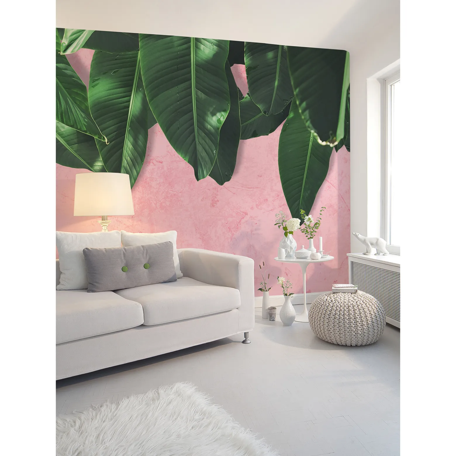 Fototapete Vlies Blätter Putz rosa grün Designwalls