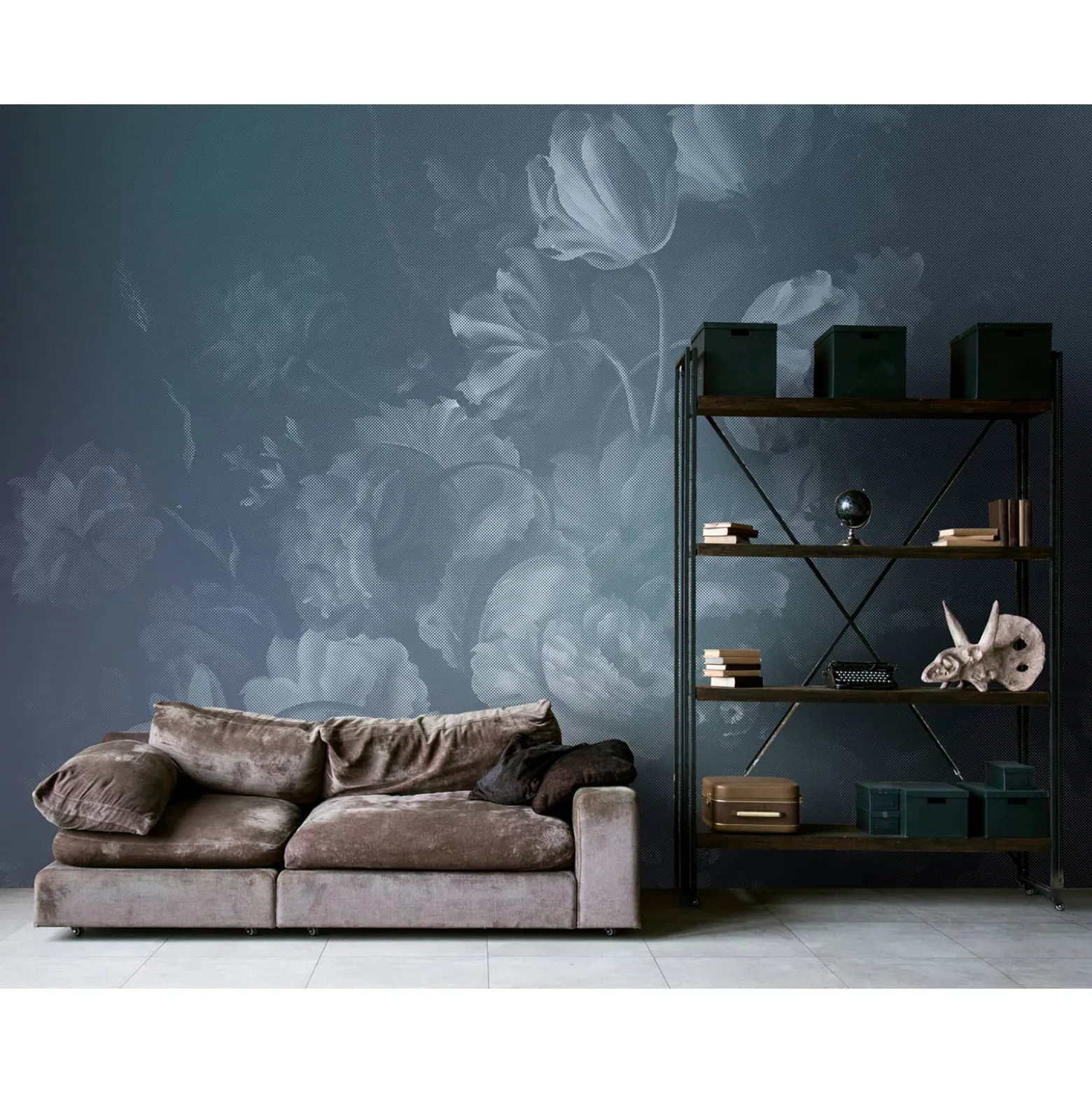 Fototapete Vlies Blumen Floral Kariert blau Premium