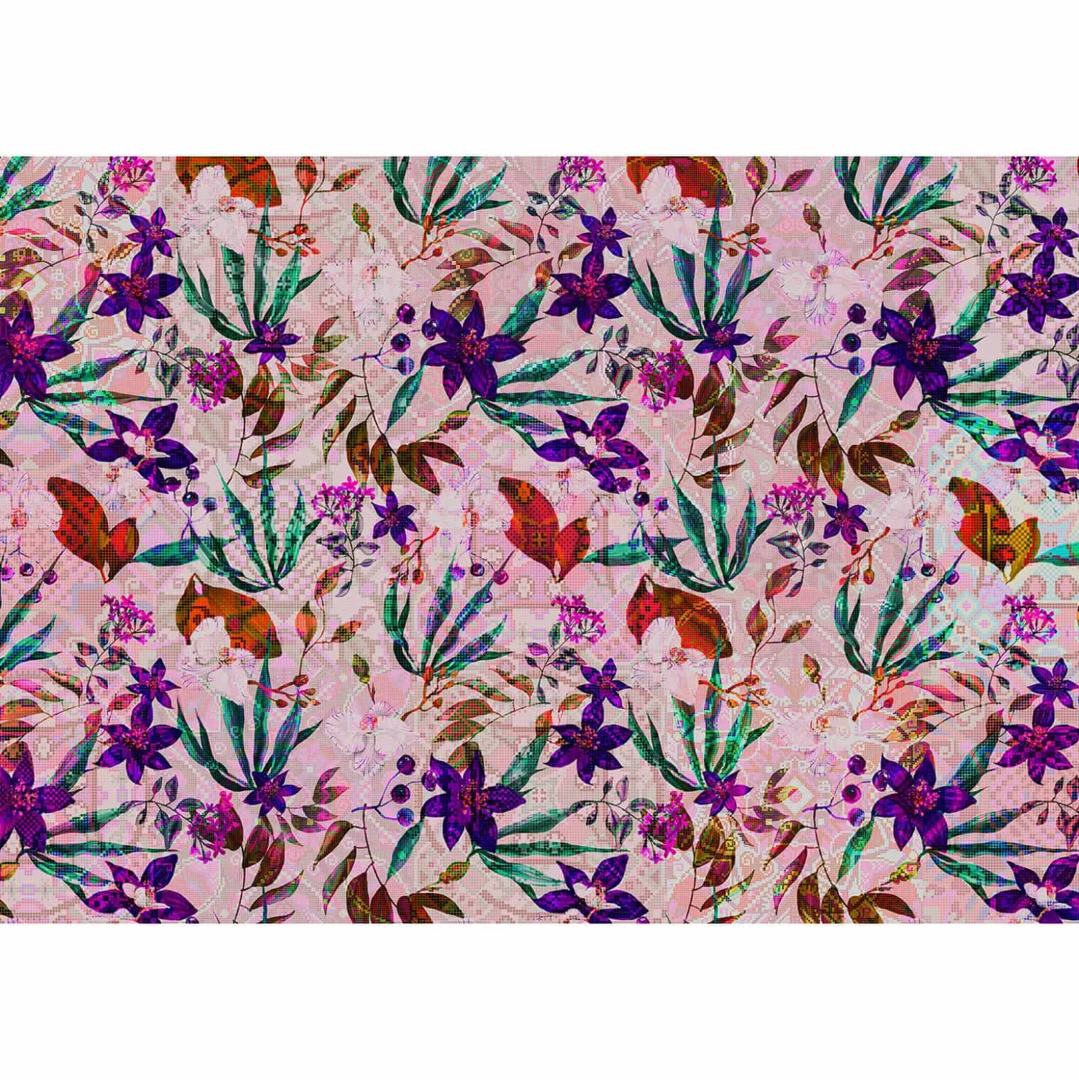 Fototapete Vlies Blumen Foral Mosaik Neon pink bunt