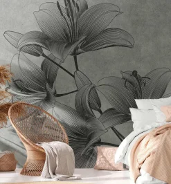 Fototapete Vlies Blumen Kunst Striche grau 38278-1